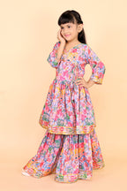 Girls Floral Kurti Sharara Set Beige Brown Festive Ethnic Wear Kids Wedding Outfit