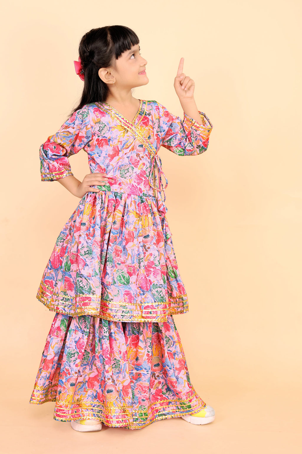 Girls Floral Kurti Sharara Set Beige Brown Festive Ethnic Wear Kids Wedding Outfit