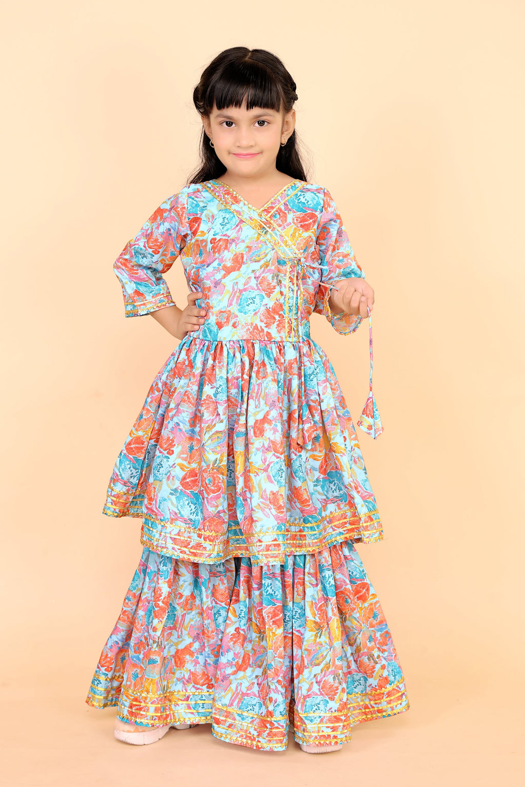 Girls Floral Kurti Sharara Set Beige Brown Festive Ethnic Wear Kids Wedding Outfit