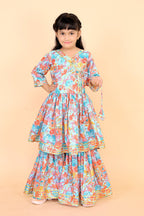 Girls Floral Kurti Sharara Set Beige Brown Festive Ethnic Wear Kids Wedding Outfit