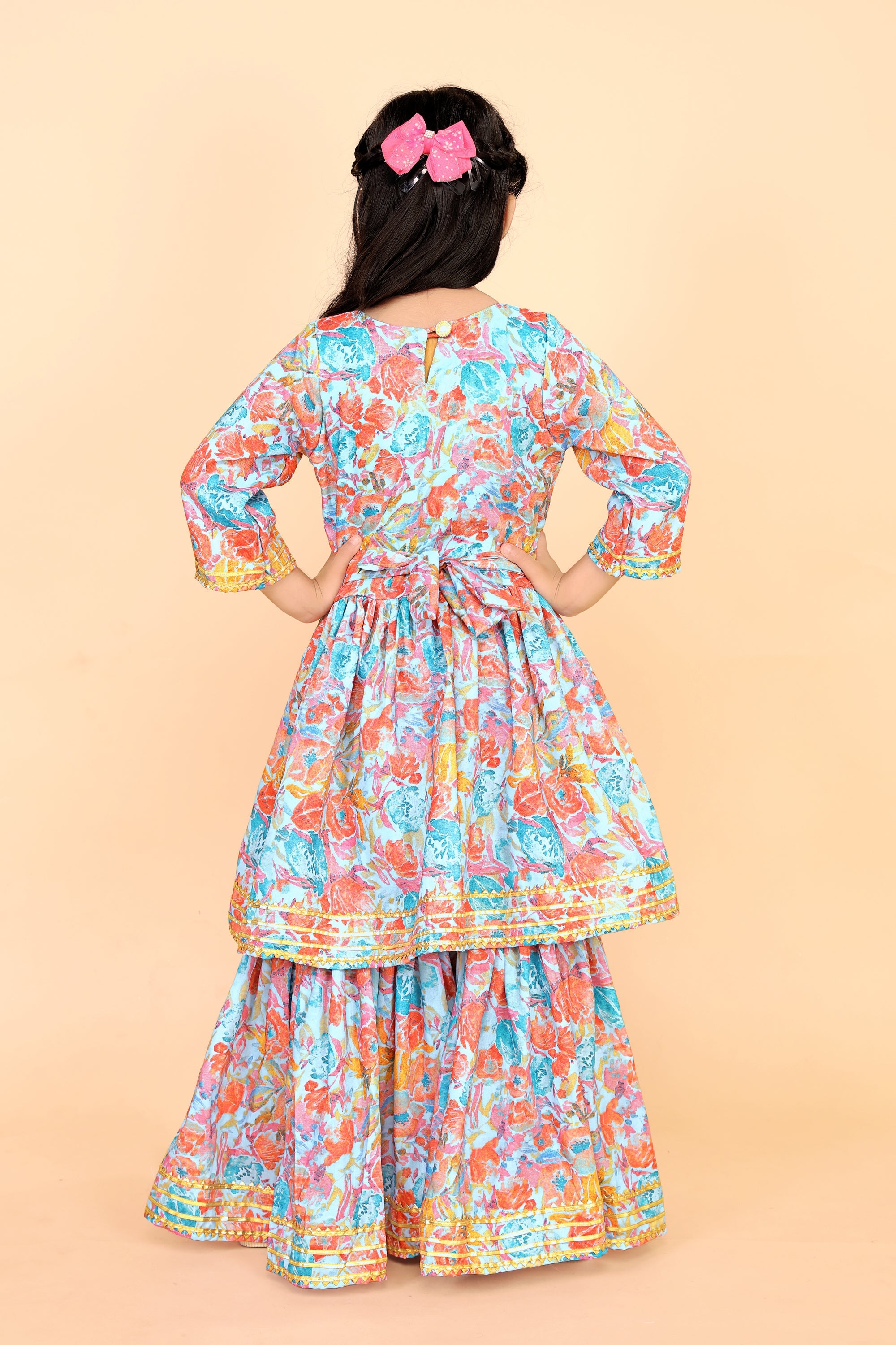 Girls Floral Kurti Sharara Set Beige Brown Festive Ethnic Wear Kids Wedding Outfit