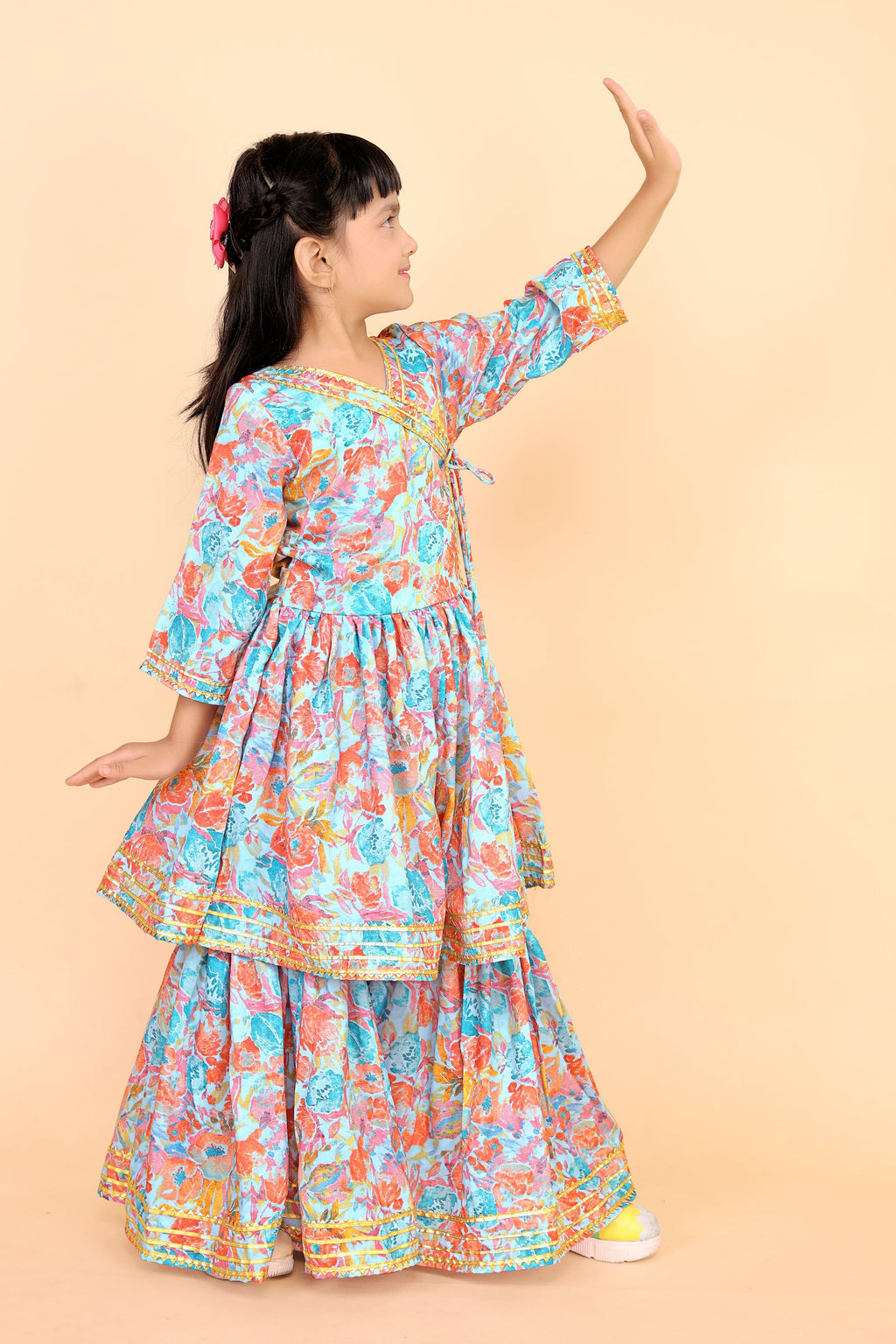 Girls Floral Kurti Sharara Set Beige Brown Festive Ethnic Wear Kids Wedding Outfit
