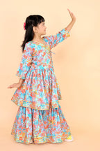 Girls Floral Kurti Sharara Set Beige Brown Festive Ethnic Wear Kids Wedding Outfit