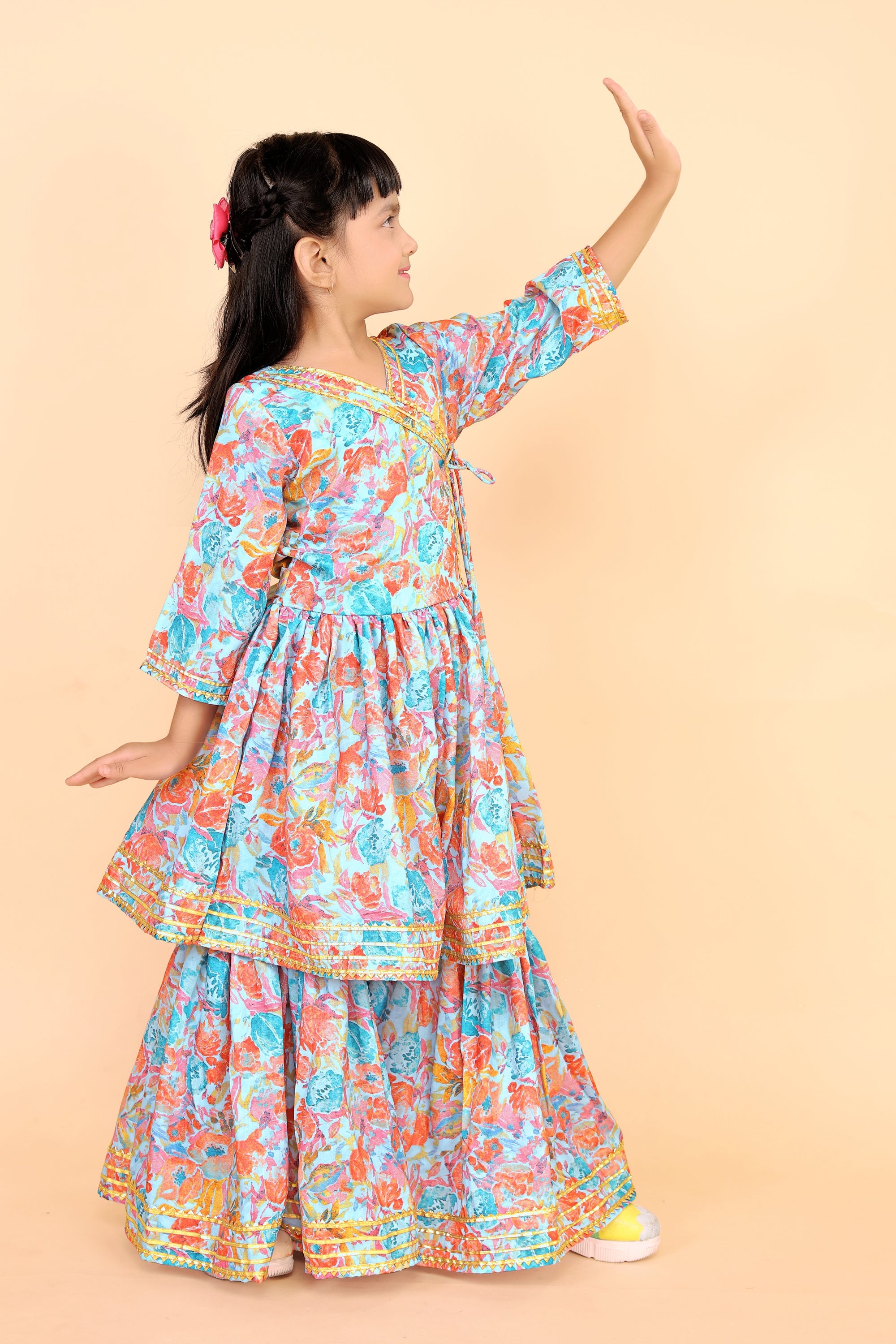 Girls Floral Kurti Sharara Set Beige Brown Festive Ethnic Wear Kids Wedding Outfit