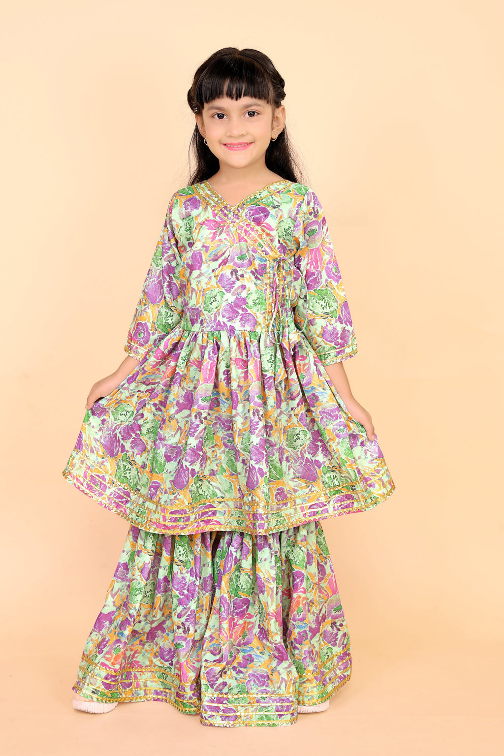 Girls Floral Kurti Sharara Set Beige Brown Festive Ethnic Wear Kids Wedding Outfit