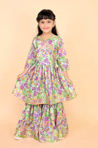 Girls Floral Kurti Sharara Set Beige Brown Festive Ethnic Wear Kids Wedding Outfit