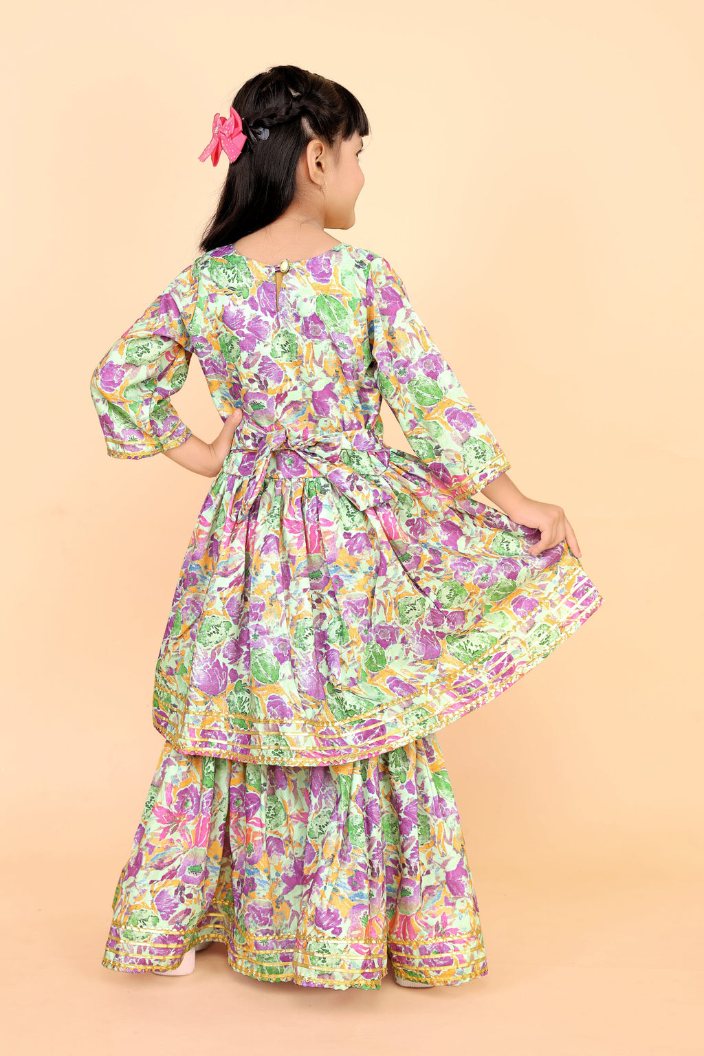 Girls Floral Kurti Sharara Set Beige Brown Festive Ethnic Wear Kids Wedding Outfit