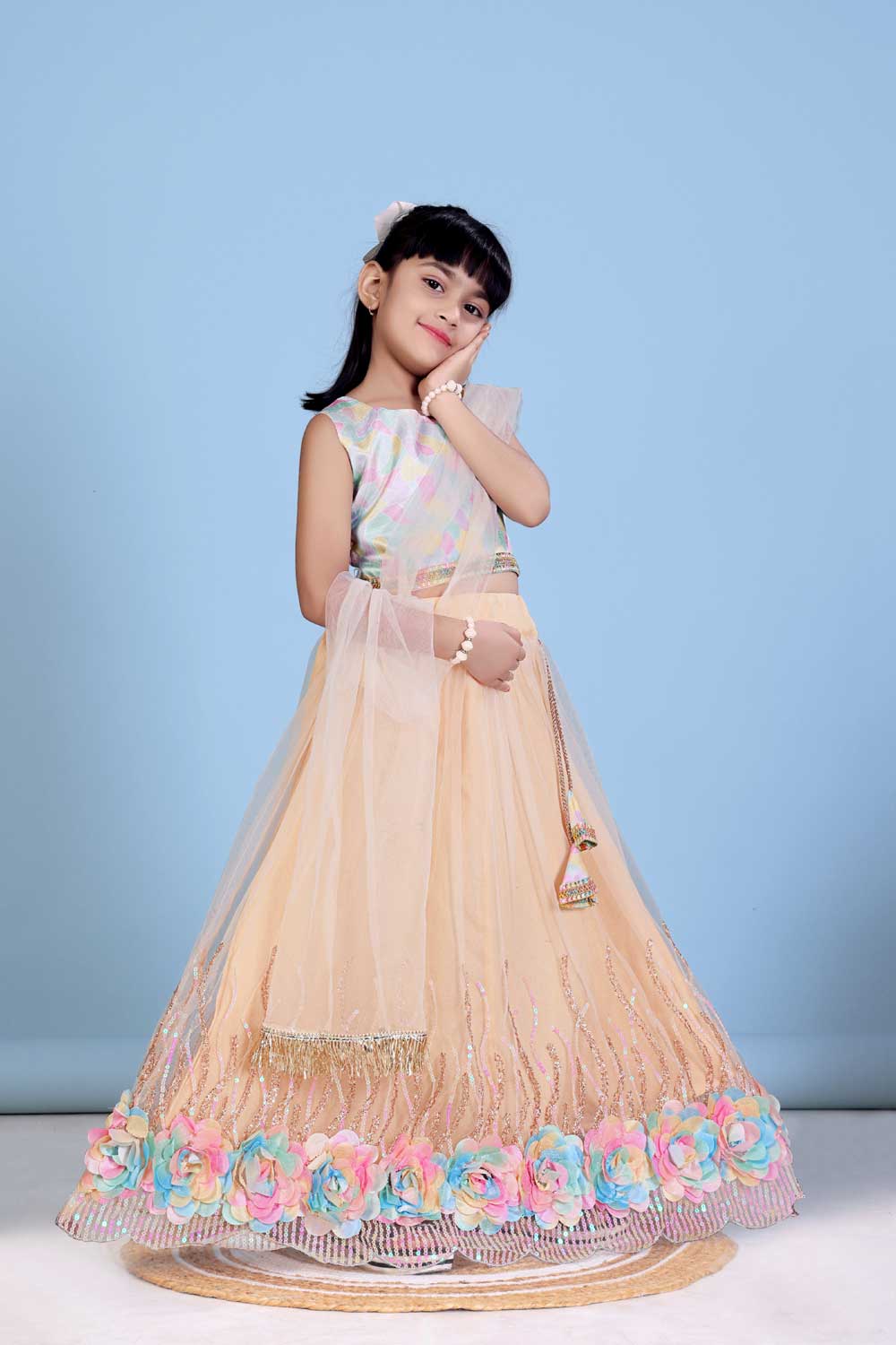 Baby Girl Lehenga Set with 3D Floral Hem & Dupatta