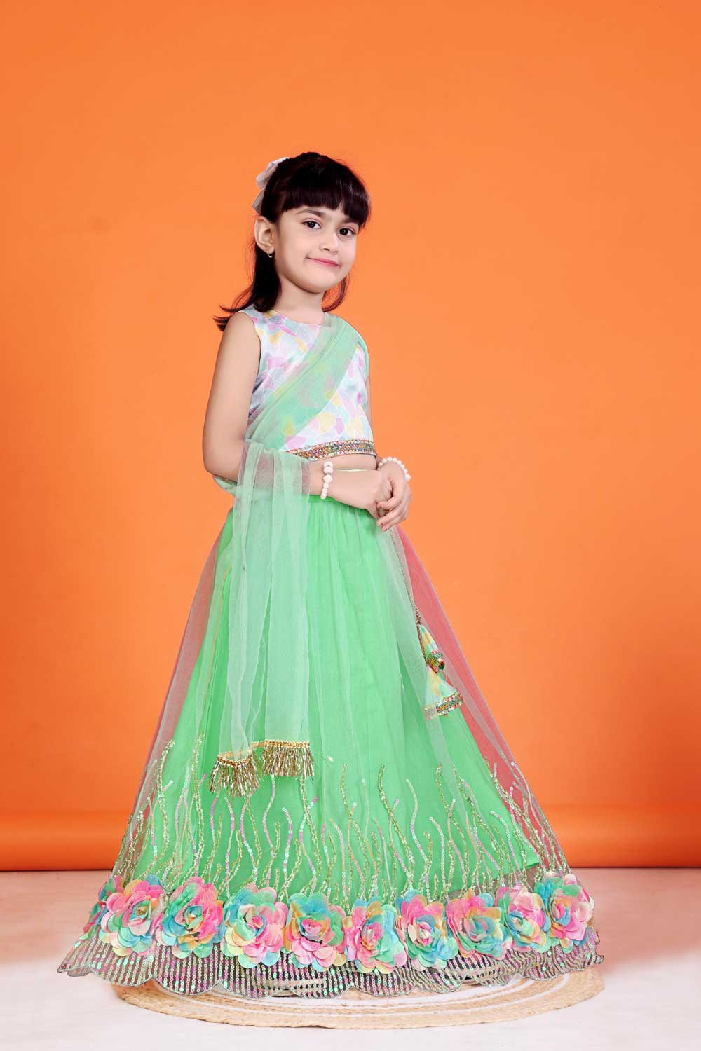 Baby Girl Lehenga Set with 3D Floral Hem & Dupatta