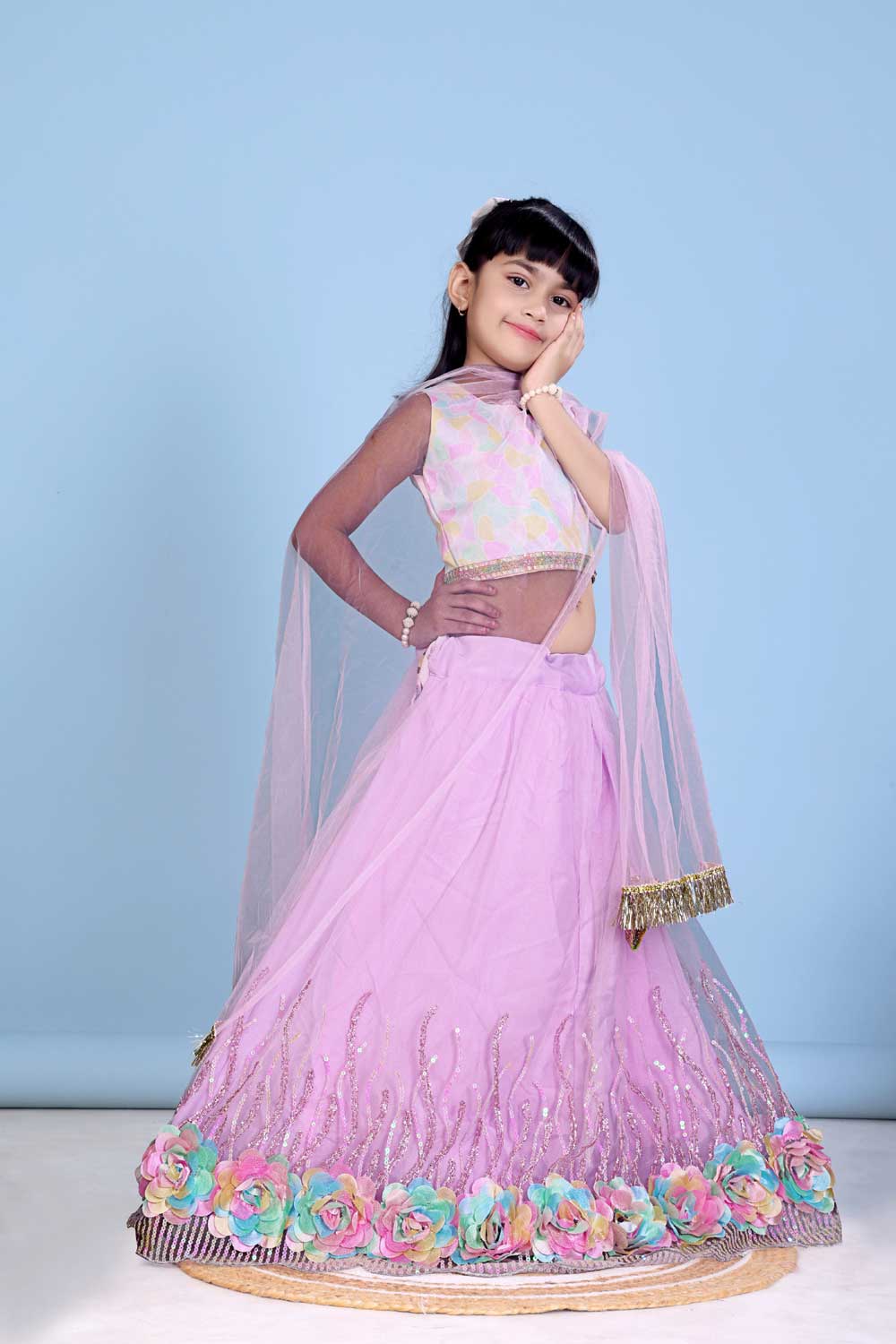 Baby Girl Lehenga Set with 3D Floral Hem & Dupatta