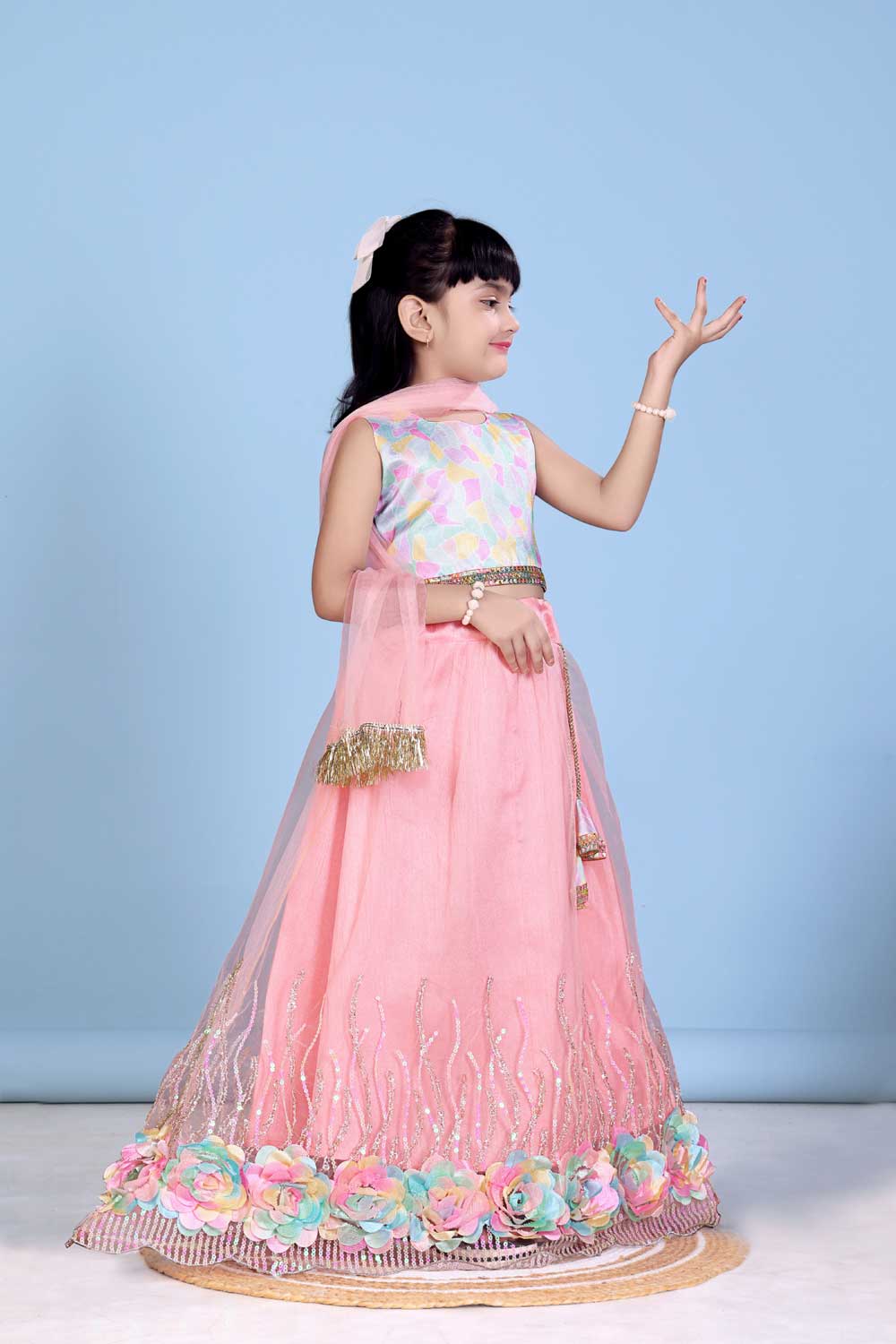 Baby Girl Lehenga Set with 3D Floral Hem & Dupatta
