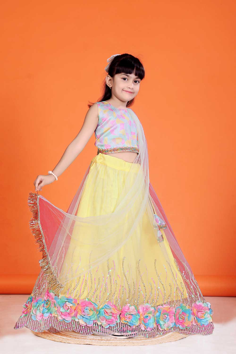 Baby Girl Lehenga Set with 3D Floral Hem & Dupatta