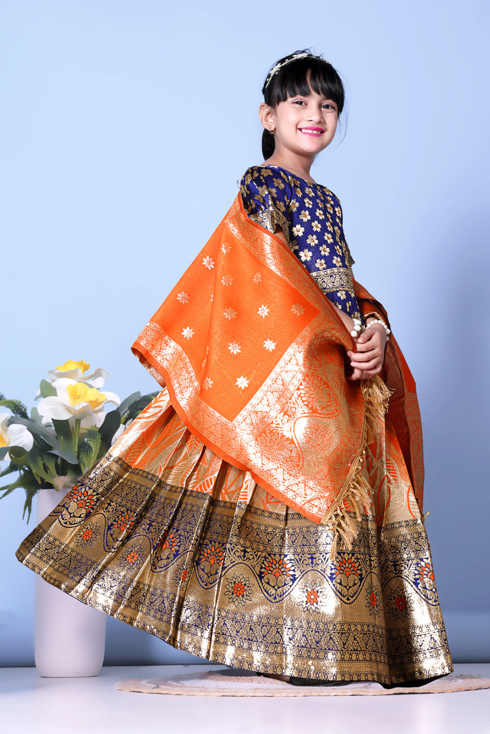 Girls Banarasi Lehenga Choli Set Silk Festive Wedding Ethnic Dress Kids