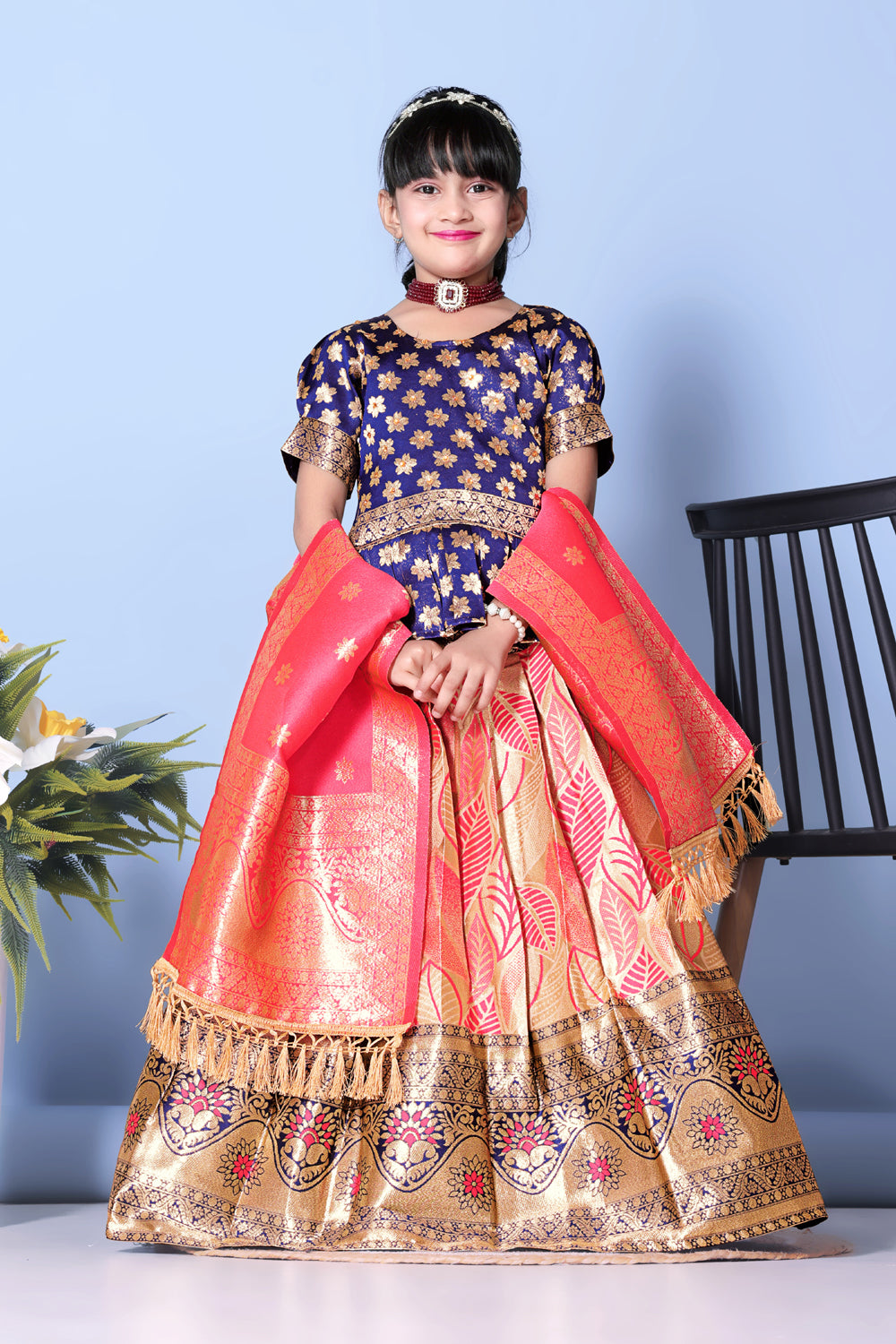 Girls Banarasi Lehenga Choli Set Silk Festive Wedding Ethnic Dress Kids