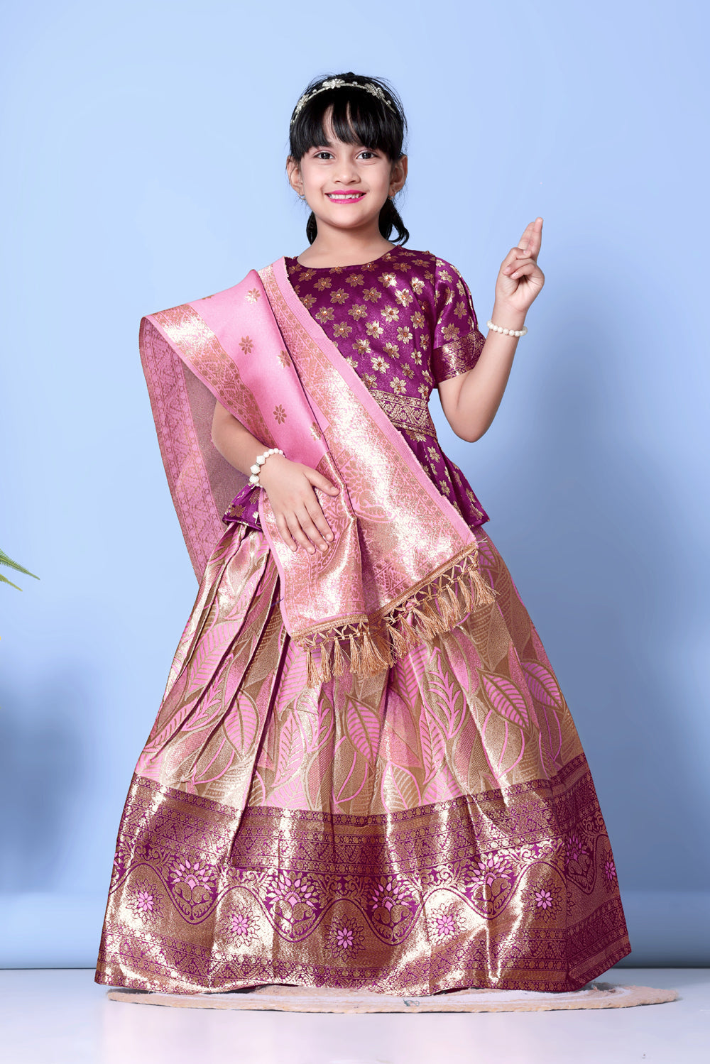 Girls Banarasi Lehenga Choli Set Silk Festive Wedding Ethnic Dress Kids
