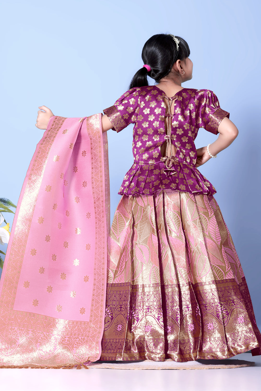 Girls Banarasi Lehenga Choli Set Silk Festive Wedding Ethnic Dress Kids
