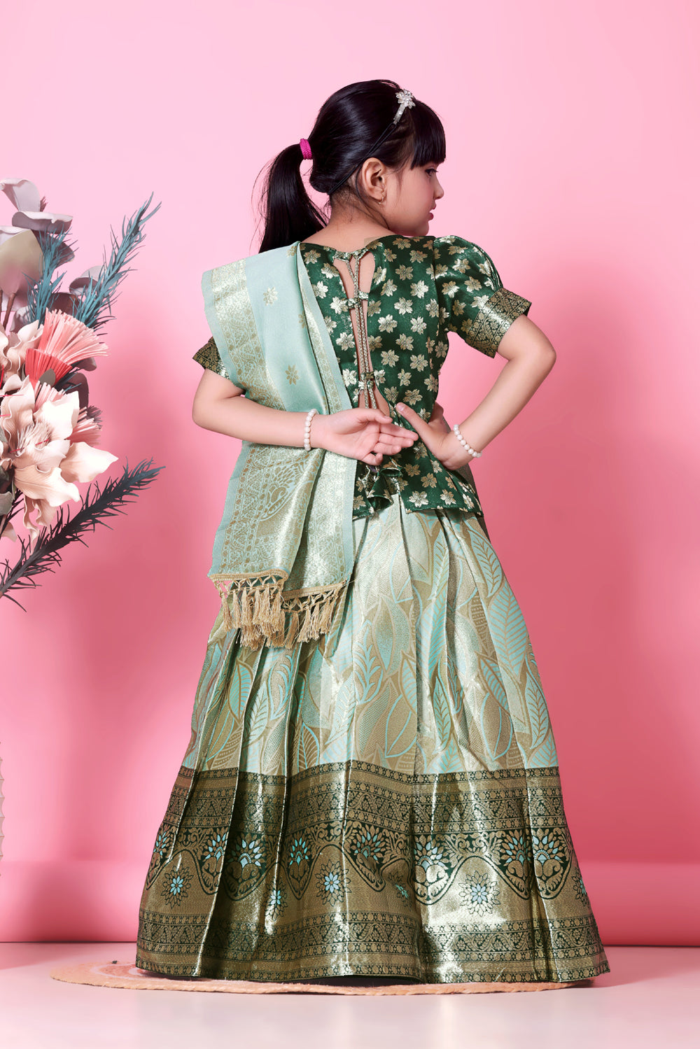 Girls Banarasi Lehenga Choli Set Silk Festive Wedding Ethnic Dress Kids