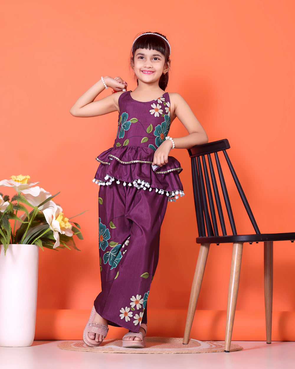 Girls Peplum Kurta Palazzo Set with Floral Print
