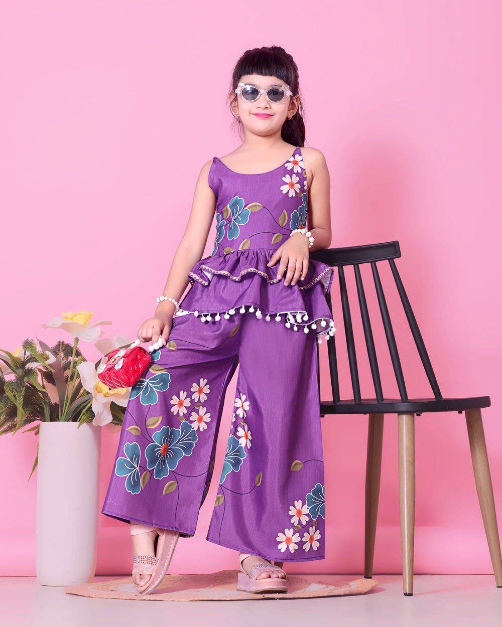 Girls Peplum Kurta Palazzo Set with Floral Print