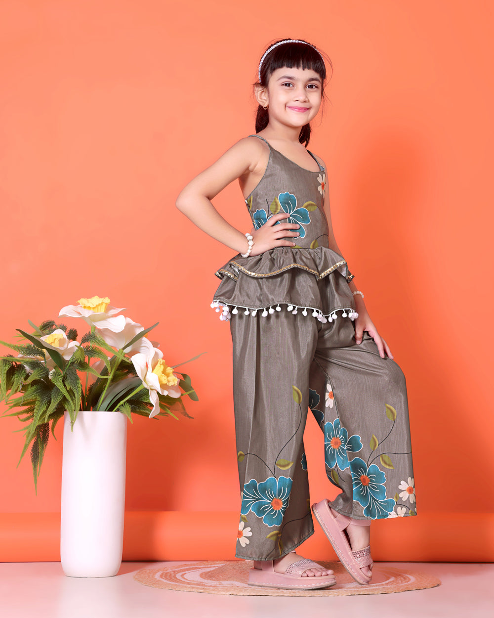 Girls Peplum Kurta Palazzo Set with Floral Print
