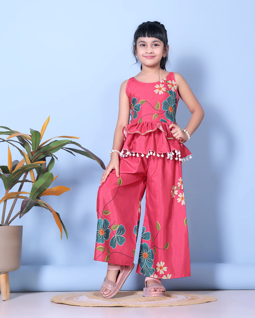 Girls Peplum Kurta Palazzo Set with Floral Print