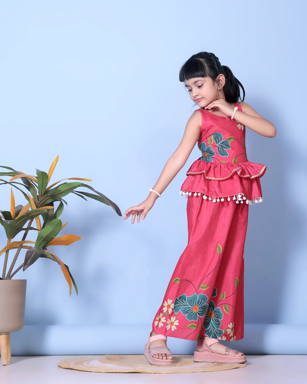 Girls Peplum Kurta Palazzo Set with Floral Print