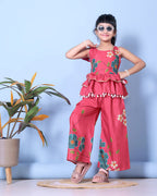 Girls Peplum Kurta Palazzo Set with Floral Print