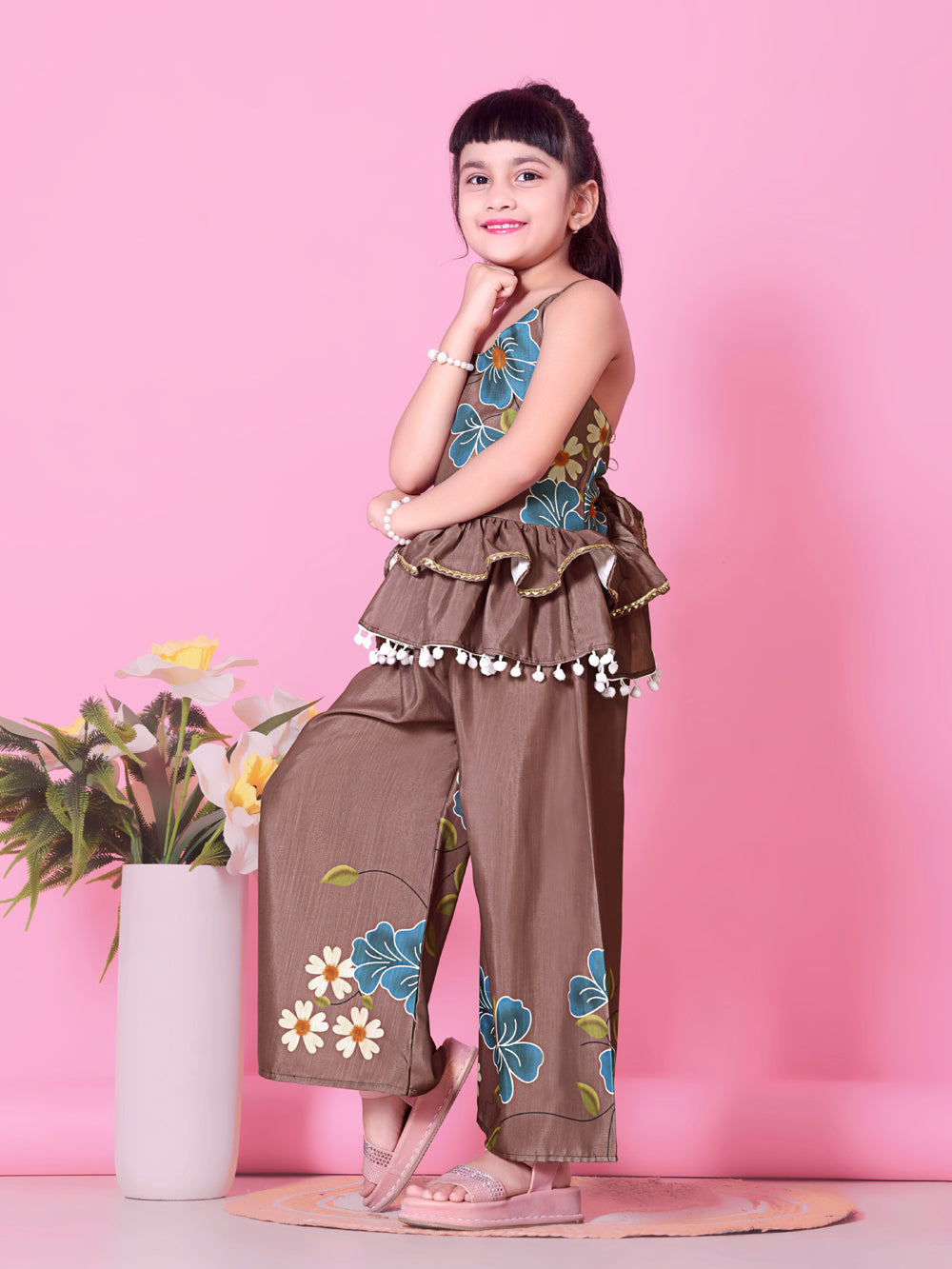 Girls Peplum Kurta Palazzo Set with Floral Print