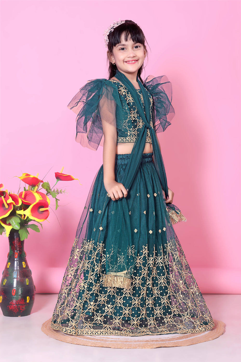 Girls Net Lehenga Choli Embroidered Party Wear Ethnic Dress Kids Wedding