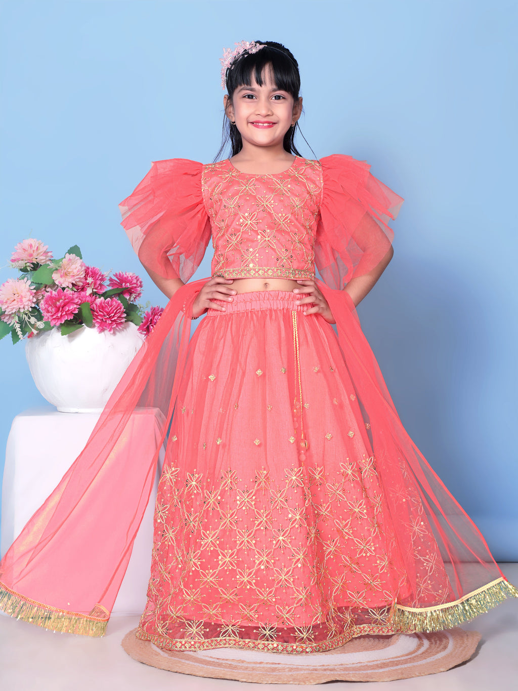 Girls Net Lehenga Choli Embroidered Party Wear Ethnic Dress Kids Wedding