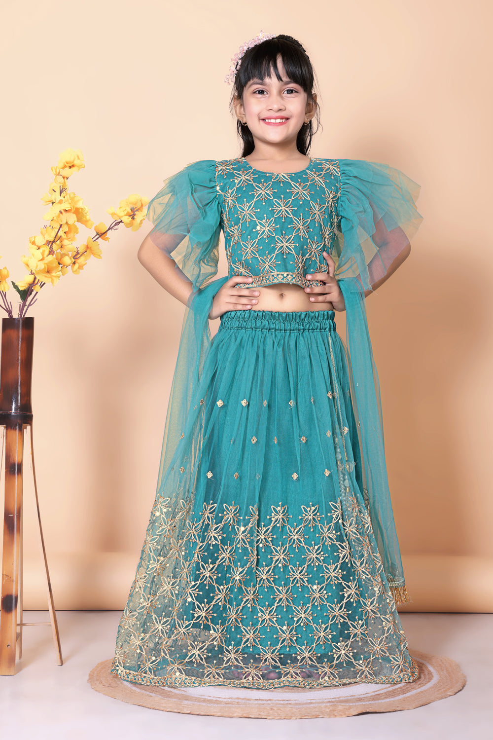 Girls Net Lehenga Choli Embroidered Party Wear Ethnic Dress Kids Wedding