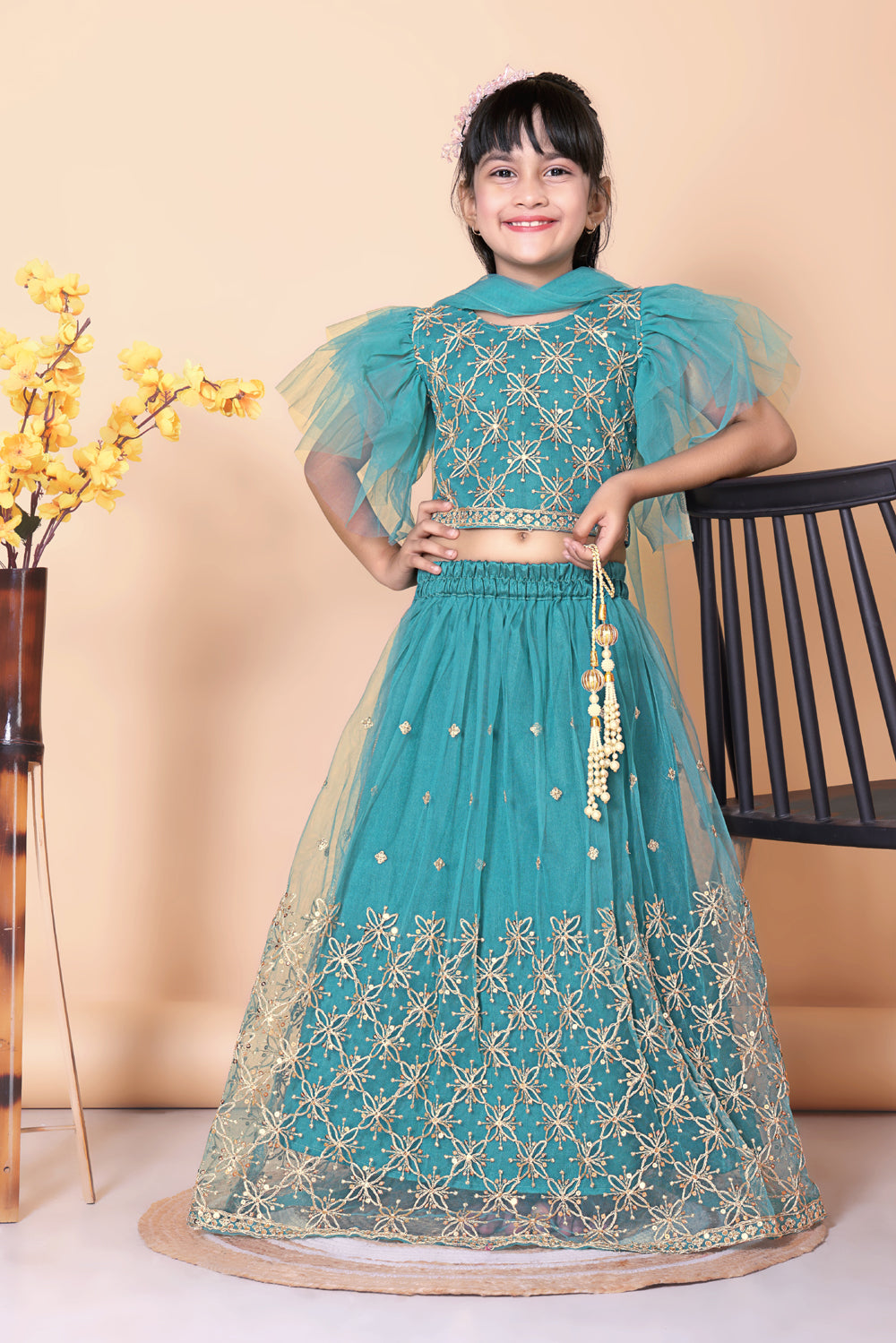 Girls Net Lehenga Choli Embroidered Party Wear Ethnic Dress Kids Wedding