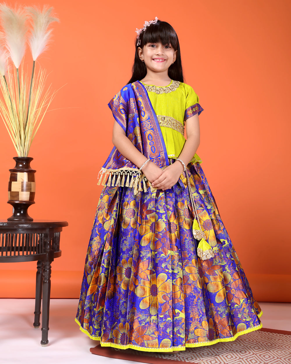 Girls Designer Floral Lehenga Choli Set with Dupatta – Silk Festive Party Wear Ethnic Outfit for Kids