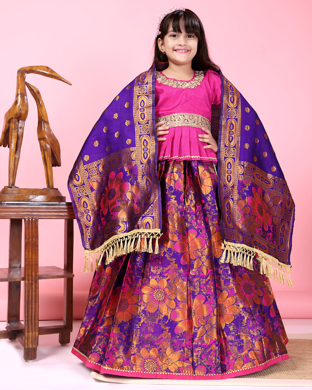Girls Designer Floral Lehenga Choli Set with Dupatta – Silk Festive Party Wear Ethnic Outfit for Kids