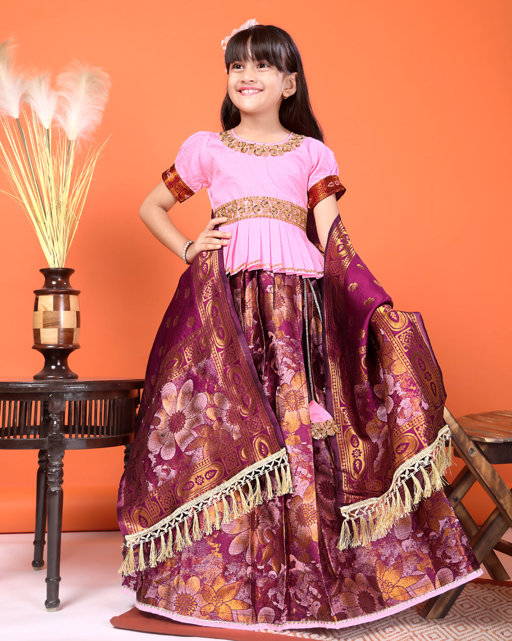 Girls Designer Floral Lehenga Choli Set with Dupatta – Silk Festive Party Wear Ethnic Outfit for Kids