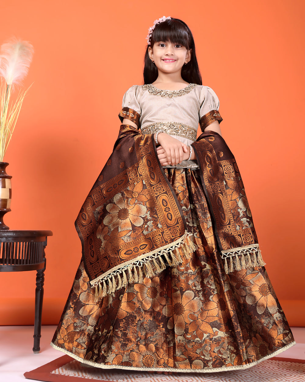 Girls Designer Floral Lehenga Choli Set with Dupatta – Silk Festive Party Wear Ethnic Outfit for Kids
