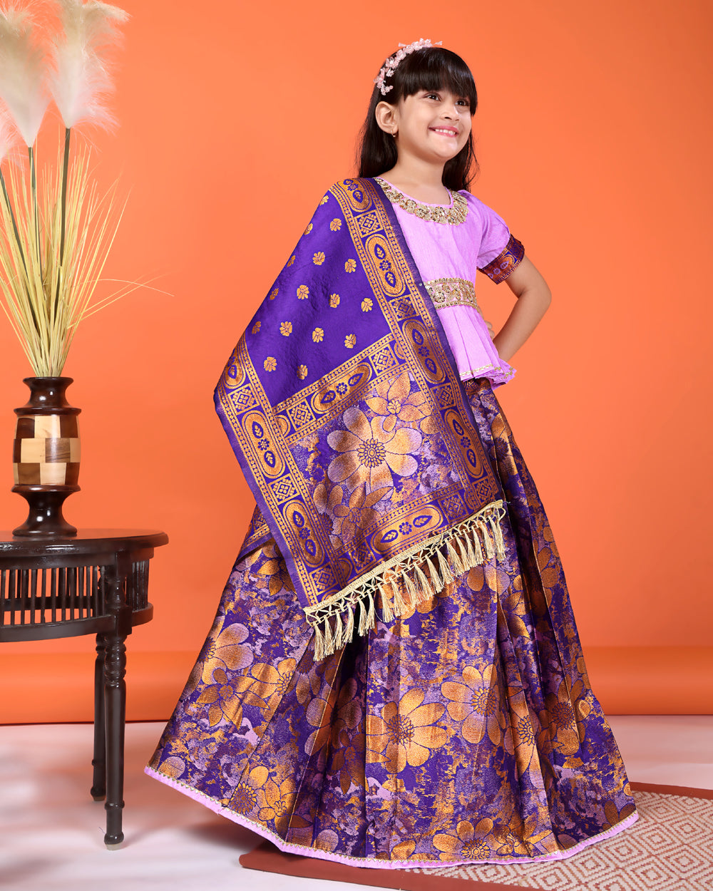 Girls Designer Floral Lehenga Choli Set with Dupatta – Silk Festive Party Wear Ethnic Outfit for Kids