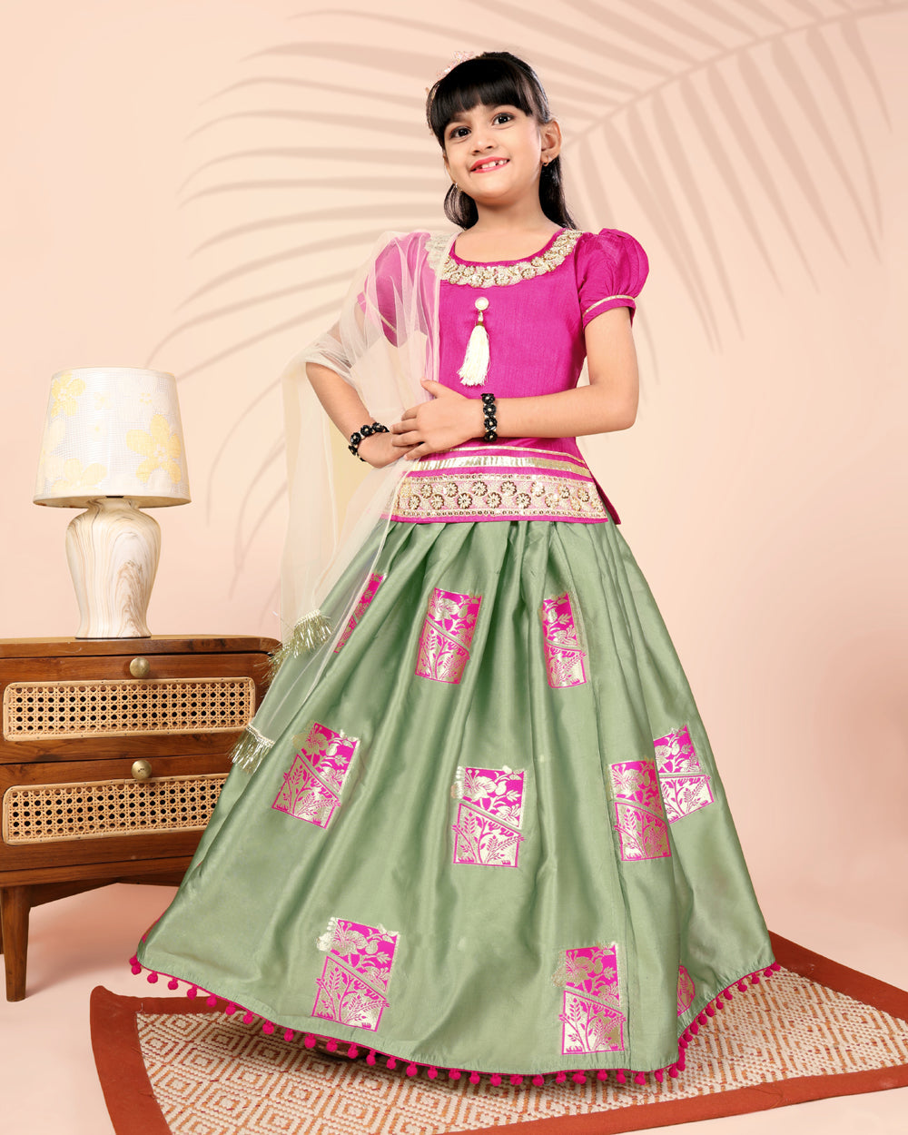 Girls Silk Lehenga Choli Set with Dupatta – Designer Festive Ethnic Wear for Kids Wedding, Party & Navratri Outfit