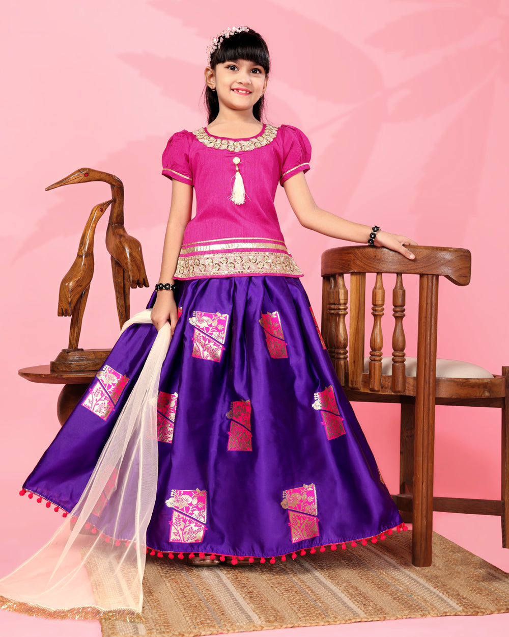 Girls Silk Lehenga Choli Set with Dupatta – Designer Festive Ethnic Wear for Kids Wedding, Party & Navratri Outfit