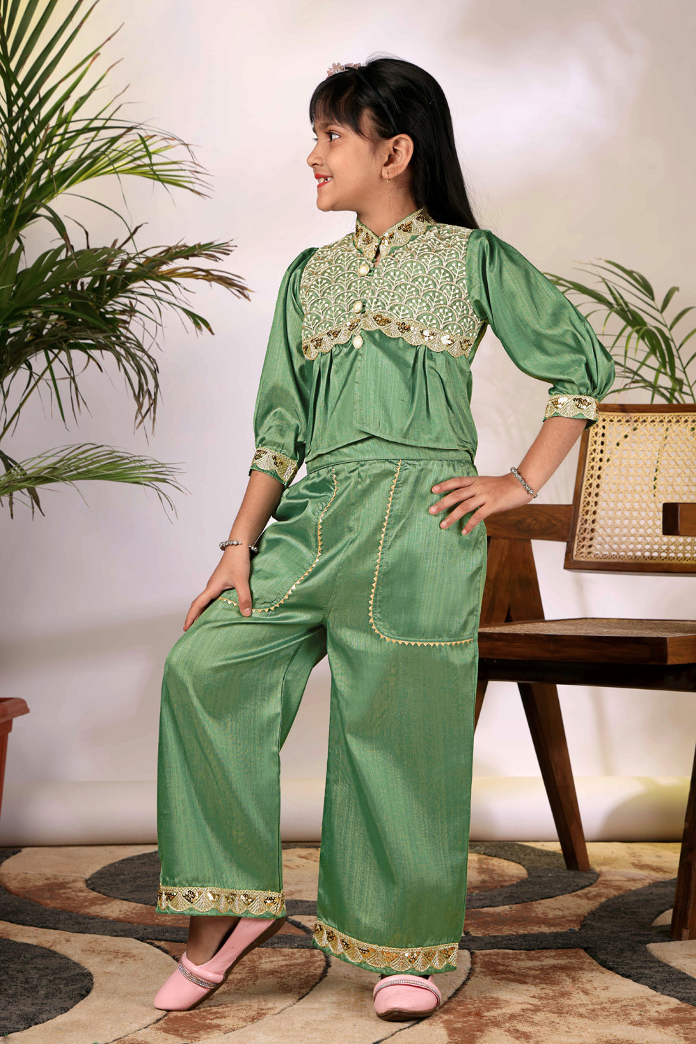 Girls Ethnic Co-Ord Set with Embroidered Jacket Style Top & Palazzo Pants – Kids Festive & Party Wear Outfit