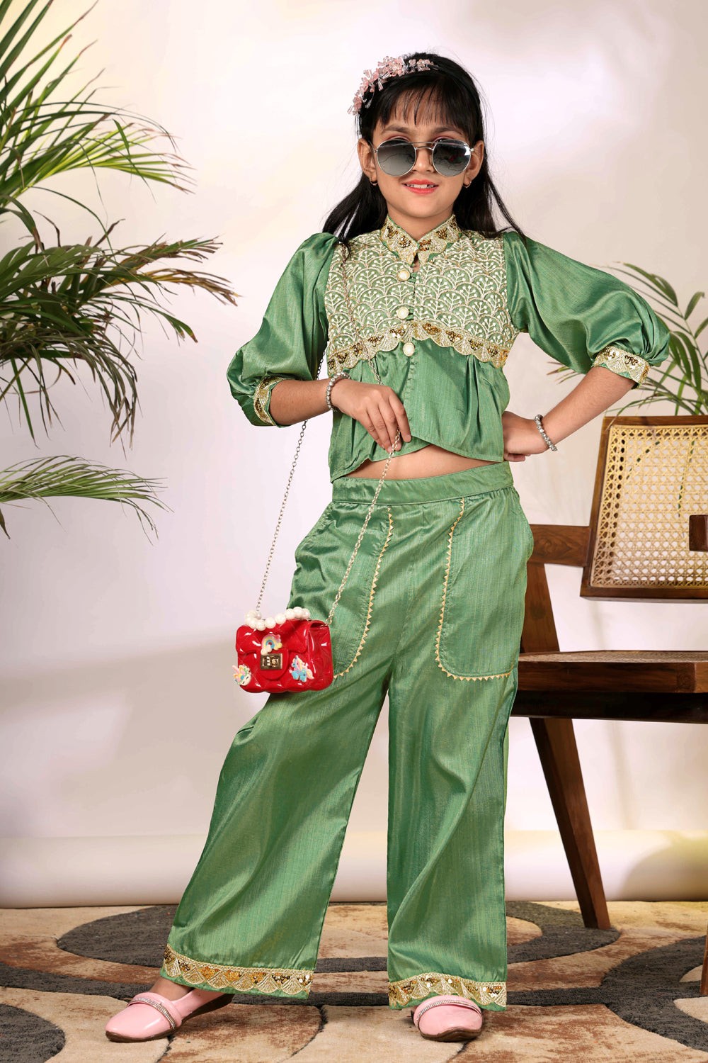 Girls Ethnic Co-Ord Set with Embroidered Jacket Style Top & Palazzo Pants – Kids Festive & Party Wear Outfit