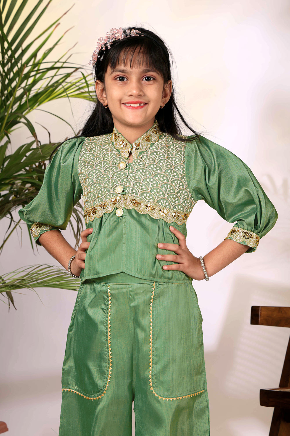 Girls Ethnic Co-Ord Set with Embroidered Jacket Style Top & Palazzo Pants – Kids Festive & Party Wear Outfit