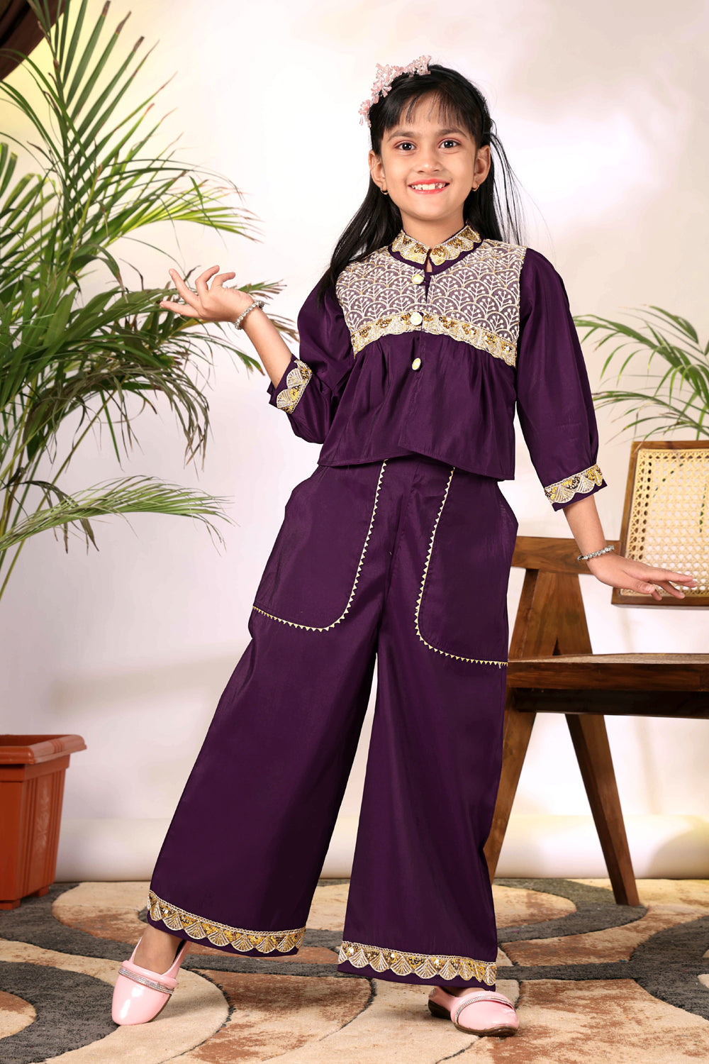 Girls Ethnic Co-Ord Set with Embroidered Jacket Style Top & Palazzo Pants – Kids Festive & Party Wear Outfit