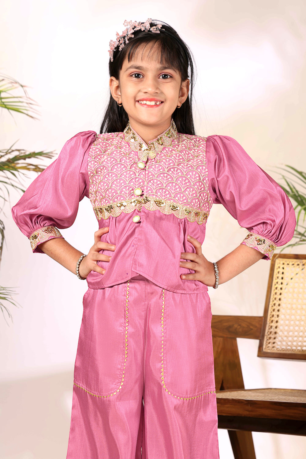 Girls Ethnic Co-Ord Set with Embroidered Jacket Style Top & Palazzo Pants – Kids Festive & Party Wear Outfit