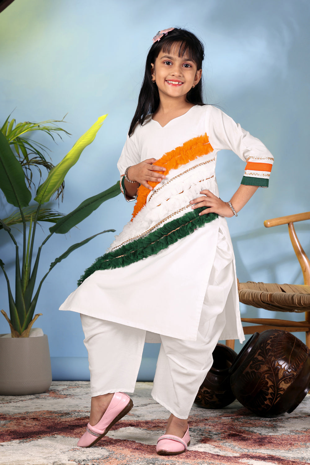 Girls White Ethnic Kurta Set with Tiranga Design – Kids Independence Day Outfit | Republic Day Dress for Girls