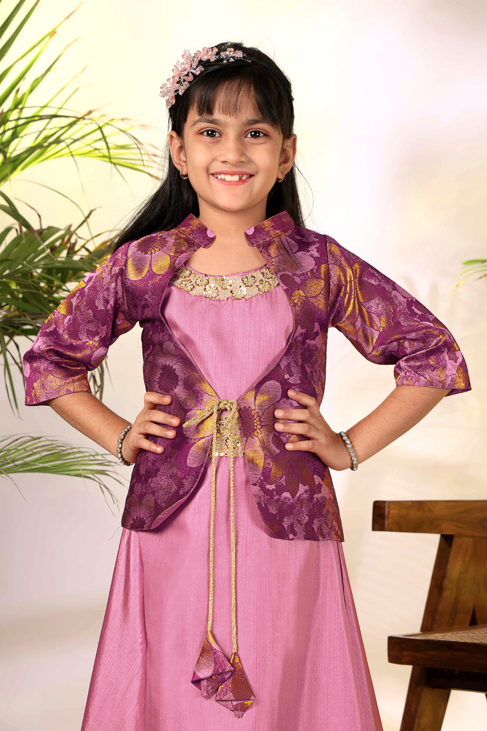 Girls Ethnic Gown with Designer Koti Jacket – Kids Festive Wear Dress | Party Wear Lehenga Style Gown for Girls