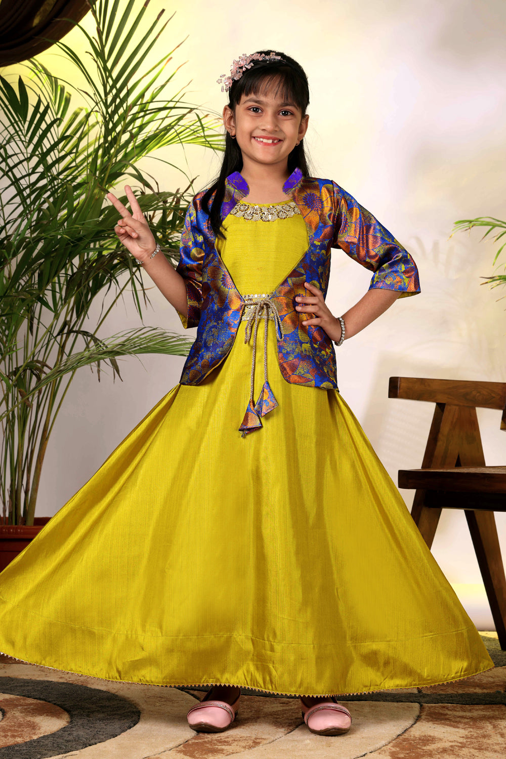 Girls Ethnic Gown with Designer Koti Jacket – Kids Festive Wear Dress | Party Wear Lehenga Style Gown for Girls