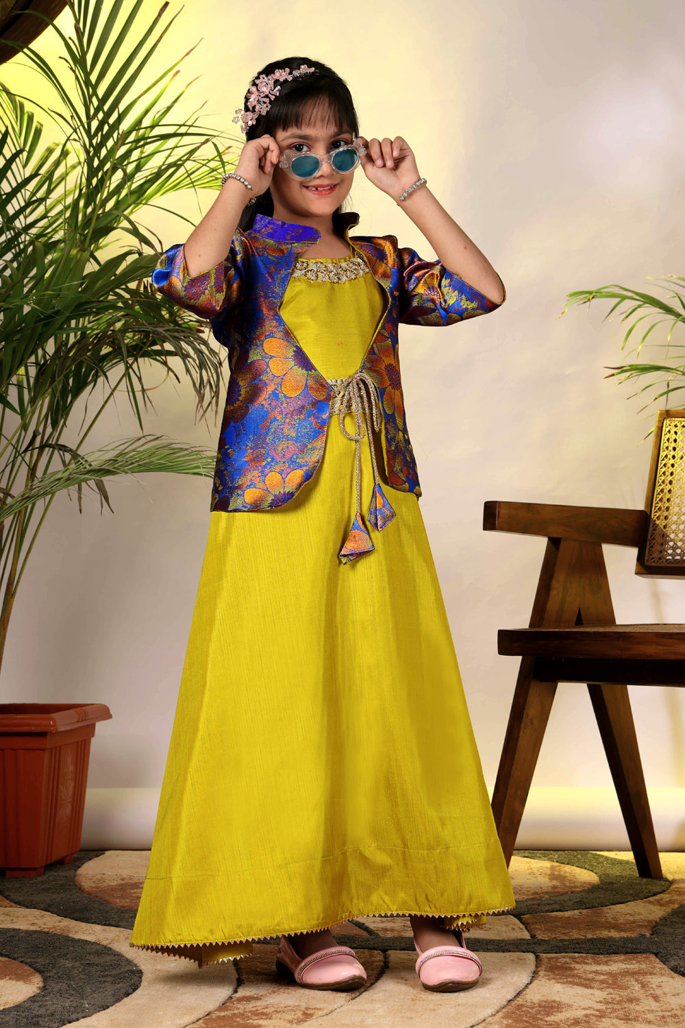 Girls Ethnic Gown with Designer Koti Jacket – Kids Festive Wear Dress | Party Wear Lehenga Style Gown for Girls