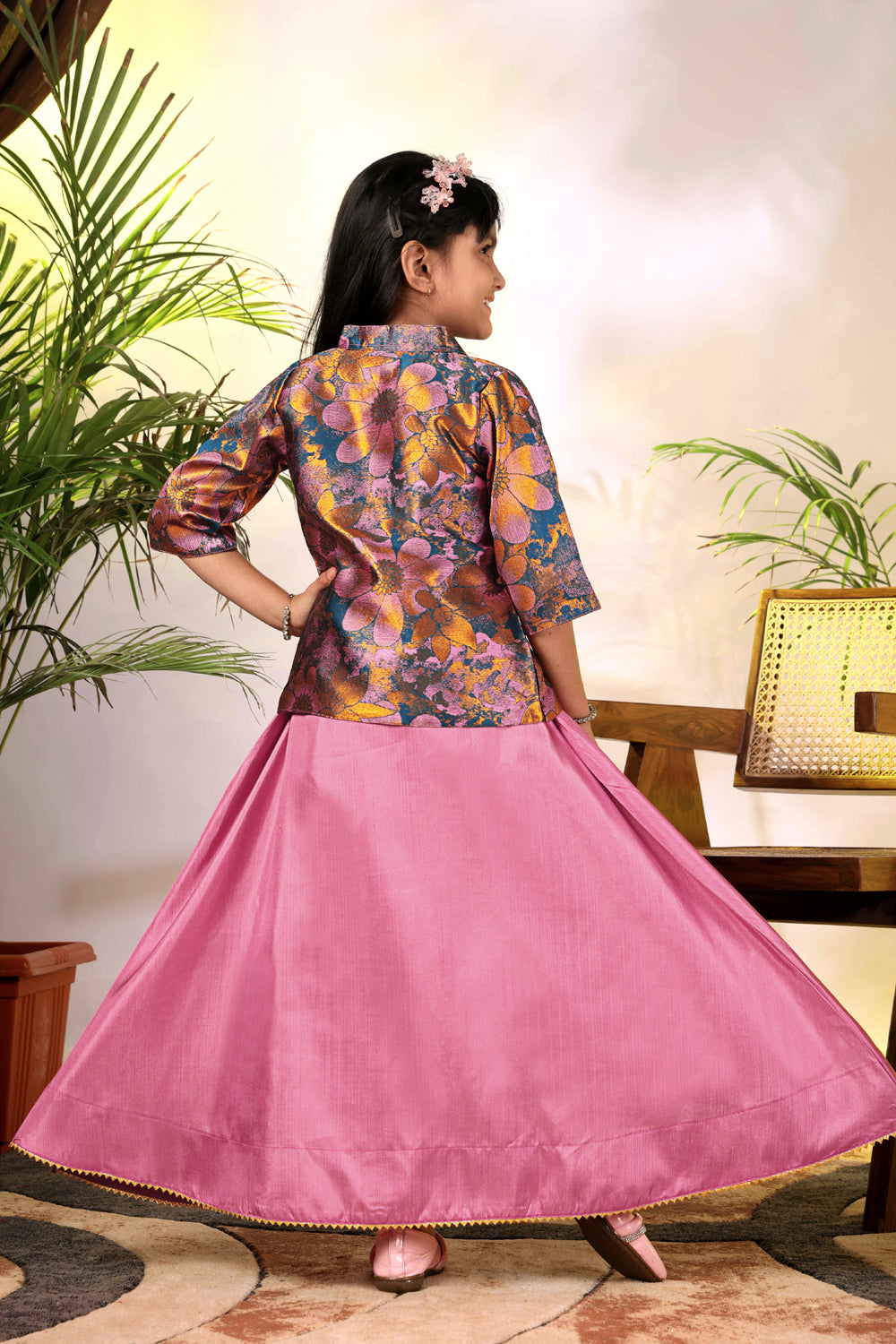 Girls Ethnic Gown with Designer Koti Jacket – Kids Festive Wear Dress | Party Wear Lehenga Style Gown for Girls