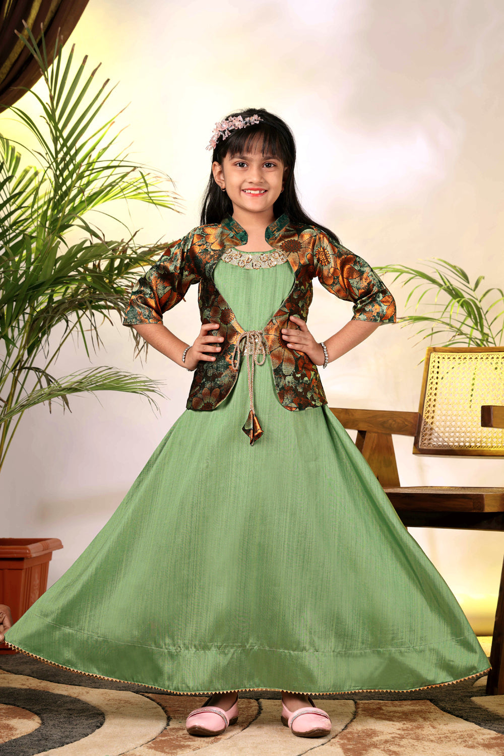 Girls Ethnic Gown with Designer Koti Jacket – Kids Festive Wear Dress | Party Wear Lehenga Style Gown for Girls
